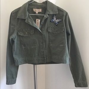 Army Green Denim Jacket with Butterfly Embroidery
